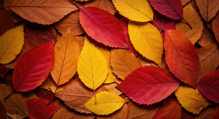 Autumn Fallen Leaves with Vibrant Red and Yellow Fall Colors in Nature Background
