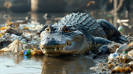 Obraz premium crocodiles in rivers of waste and plastic waste