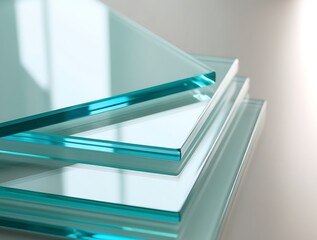 Stack of transparent tempered glass sheets with a greenish tint, symbolizing modern architecture, construction materials, industrial design, safety glazing, and high-quality manufacturing

