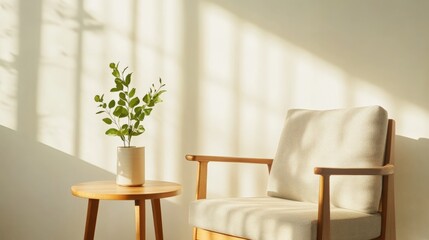 interior design with chair and plant in sunlight