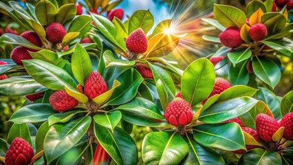 Obraz premium Magnolia Seeds Burst: Summer's Vibrant Red & Green Double Exposure