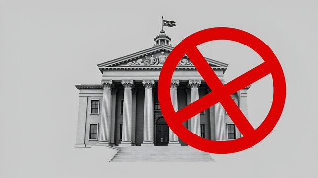 Government building or bank and symbol NO on an gray background. The concept of prohibiting and restrictive laws. Bans and criminalization, repression. Revocation of a bank license nationalization