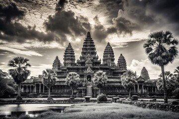 Majestic Angkor Wat Temple in Black and White, Cambodia - Ancient Ruins Stock Photo