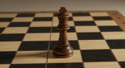 Wooden Chess King on Chessboard Representing Strategy and Competition in a Board Game Setting