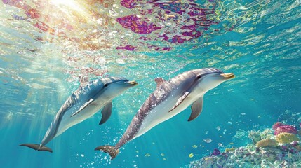 Fototapeta premium Two Dolphins Swimming in Ocean Sunlight Coral Reef Underwater Scene
