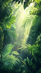 Lush green jungle foliage with sunbeams shining through the leaves