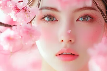 美しい若い女性のポートレート。背景は日本の春に咲く桜。