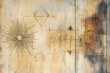 Fototapeta premium Mystical Geometric Shapes and Symbols in Vintage Wooden Texture Background