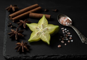 Starfruit Slice with Spices on Slate, Top View