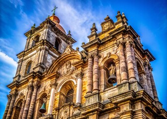 Fototapeta premium Majestic Colonial Cathedral Tower: Candid Photography - Sunlit Stonework & Architectural Detail