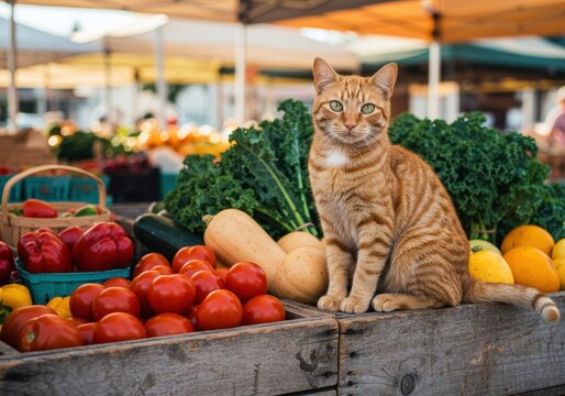 Tabby Cat Sits on Produce at Farmers Market