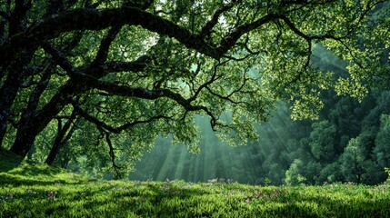 Sunlit Forest Scene  Tranquil Nature  Lush Greenery  Ancient Trees