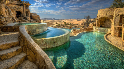 Luxurious desert resort with stunning infinity pools and scenic sand dunes under a dramatic sky