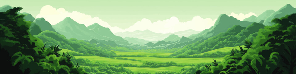 Obraz premium Serene Mountain Valley Landscape Vector Art with Lush Green Hills, Rolling Meadows, and Dense Forest Under Bright Sky for Nature Background or Wallpaper