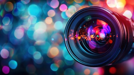 Camera lens showcases colorful light reflections against a bokeh background