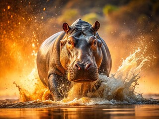 Fototapeta premium Majestic Hippopotamus Splashing in Muddy Water - Powerful Wildlife Photography