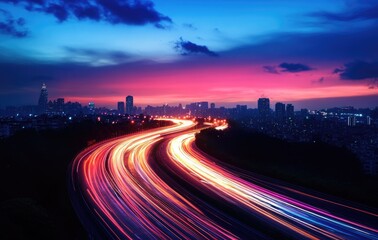 long exposure picture of colorful trafffic light on road from passing cars to skyline city.	