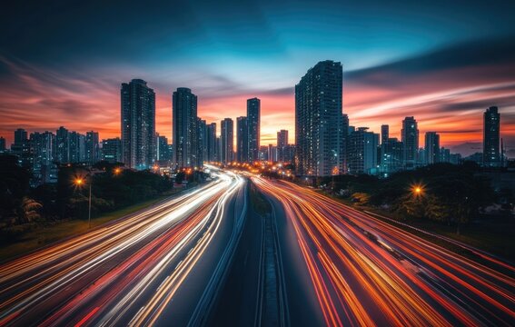 long exposure picture of colorful trafffic light on road from passing cars to skyline city.	