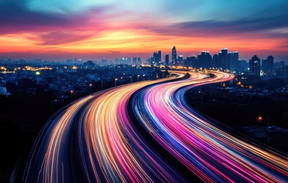 long exposure picture of colorful trafffic light on road from passing cars to skyline city.	 - Powered by Adobe