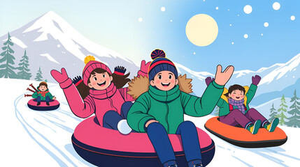 Four colorful illustrations showing happy people enjoying winter activities like snow tubing and sledding down a snowy mountainside
