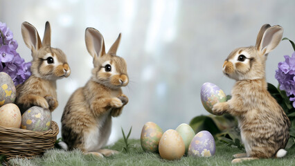 Fototapeta premium Springtime Easter Bunnies with a Basket of Colorful Eggs