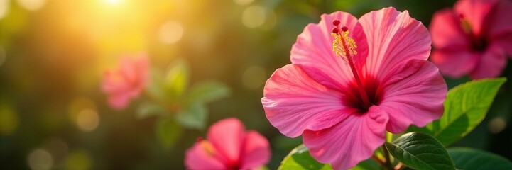 Close-up of vibrant pink hibiscus flowers blooming in sunlight, nature, blooming, flora