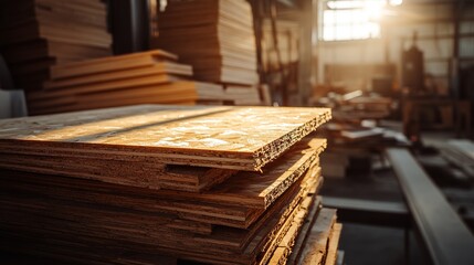 High Quality Wood Plywood Sheets Stacked in Factory Sunlight Warehouse Brown Wooden Material Lumber Construction Industry Texture Background Warm     