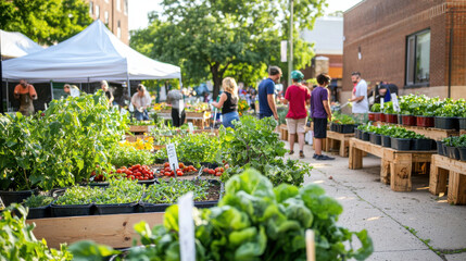 vibrant community garden with diverse plants and people enjoying market atmosphere