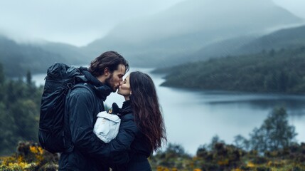Naklejka premium Romantic Couple Kissing in Scottish Highlands Lake Rain