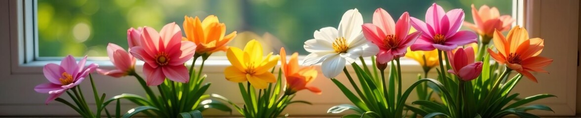 Fototapeta premium Close-up of vibrant spring flowers blooming on windowsill, nature, growth