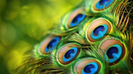 Obraz premium Peacock Feathers: Stunning hues of green, blue, and gold, these iridescent feathers showcase mesmerizing patterns and vibrant colors that captivate all who see them.