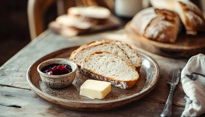A rustic breakfast setting with sliced round sourdough bread, fresh butter, and jam on an earthy ceramic plate, set on a farmhouse table