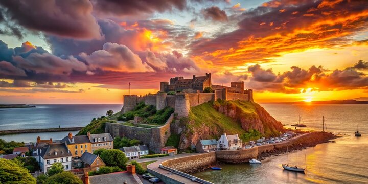 Majestic Mont Orgueil Castle, Jersey: Dramatic Coastal Scene at Sunset, Rule of Thirds Composition