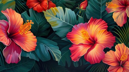 Hibiscus Flowers: Tropical flowers with striking colors like red, pink, orange, and yellow, growing abundantly in warm climates and adding a touch of elegance.
