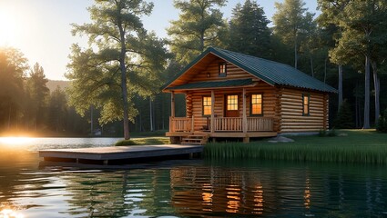 Obraz premium Sunlit cabin by tranquil lake surrounded by trees