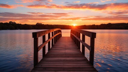 Obraz premium Serene sunset reflection over a wooden bridge