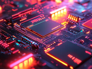 Fototapeta premium Close-up view of a colorful, illuminated circuit board.