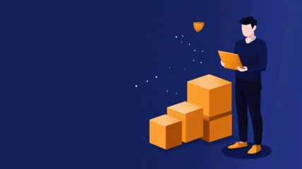 A person stands next to stacked boxes, holding a document, symbolizing logistics, organization, or delivery in a modern, minimalist style.