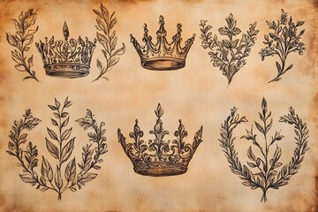 Vintage Hand Drawn Crowns and Floral Wreaths on Aged Parchment Background