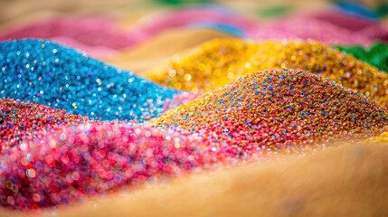 Colored Sand: Vibrant grains of pink, green, yellow, and blue sand, ideal for adding color to art, crafts, and sandcastles with a lively, creative touch.