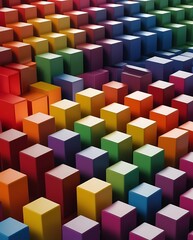 Obraz premium Abstract geometric pattern of colorful stacked blocks arranged in a gradient rainbow spectrum, representing creativity, design, modern art, architecture, technology, and visual aesthetics