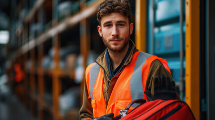 Fototapeta premium A skilled baggage handler stands confidently in a busy terminal, wearing a bright safety vest and gloves, while showcasing a piece of luggage