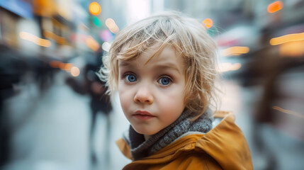 Fototapeta premium A child with expressive blue eyes looks directly at the camera, surrounded by the dynamic motion of a busy city street filled with people and colorful lights, capturing the essence of modern life
