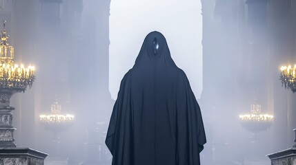 Mysterious Figure in Grand Cathedral  Ethereal Light  Dark Cloak  Shadows  Secret  AI Art