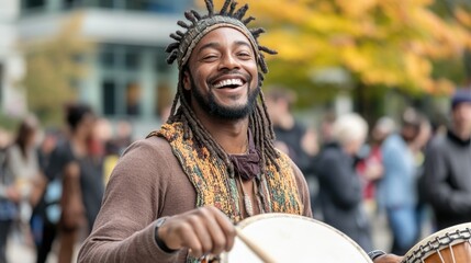 A lively street performer with dreadlocks smiles while playing drums at an autumn festival. The colorful scene is filled with spectators enjoying the festive atmosphere and autumn foliage