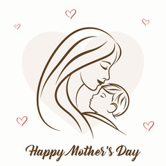 Happy Mother's Day card.Mother and baby line art vector illustration.