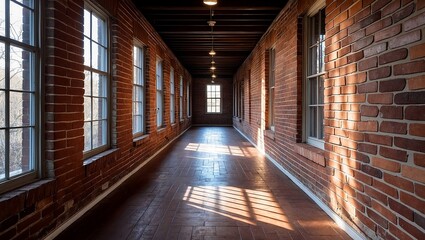 Empty brick hallway bathed in natural light