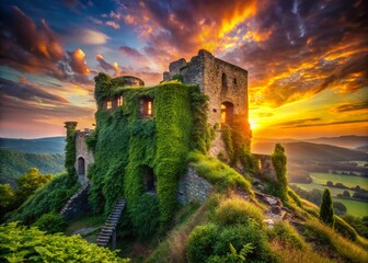 Fototapeta premium Majestic Ruins: Abandoned Ancient Castle at Sunset - Stock Photo