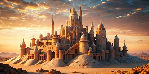 Naklejka premium Majestic Sandcastle on Sandy Hill: Fantasy Architecture, Drawbridge, Towers, Summer Fun