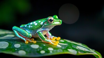 Naklejka premium Vibrant Green Tree Frog on Leaf Rainforest Amphibian Nature Photography